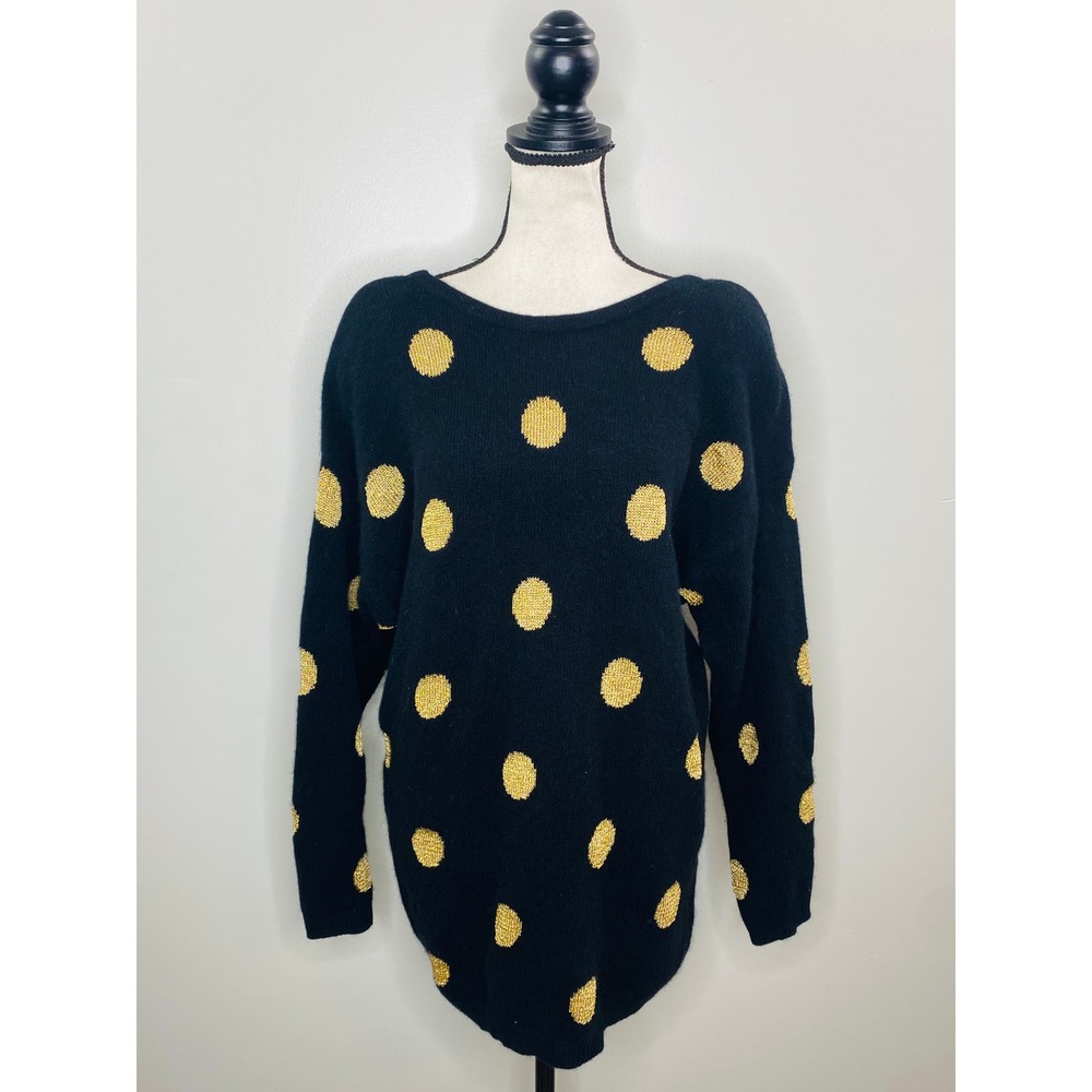 Vintage Express Black and Gold Polka Dot Angora Sweater Womens Sm 80s 90s Glam